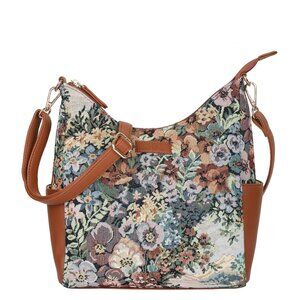 Womens Botanical Tapestry Hobo Bag with Vegan Leather  | Shoulder & Crossbody